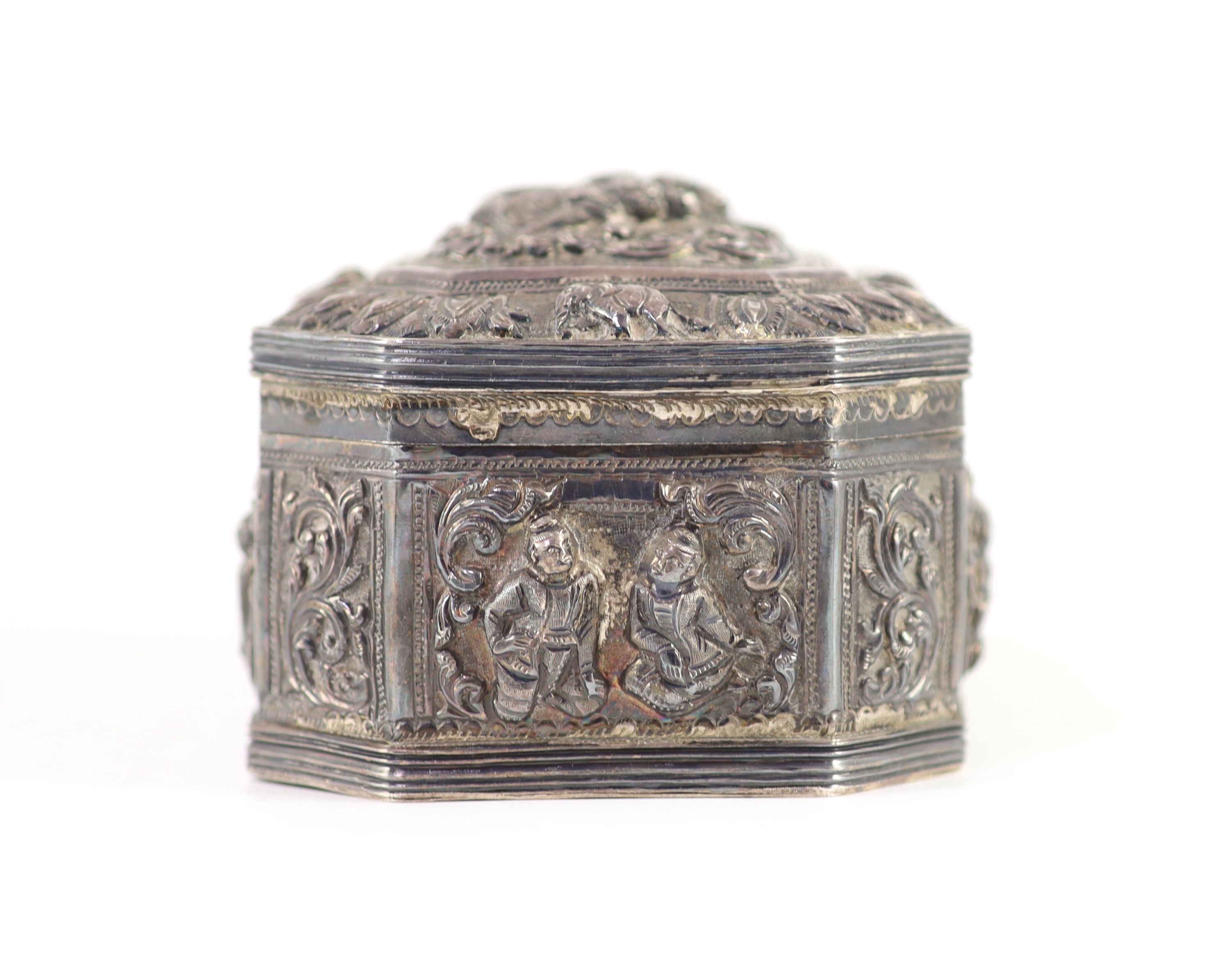 A Burmese embossed silver octagonal box and cover